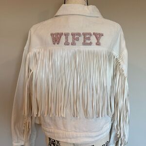 Le Lis White Jean Jacket with Fringe and 'Wifey' Embroidery